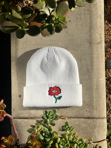Swis Flower Waffle Knit Beanie (White)