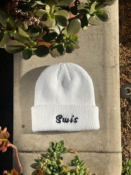 Swis Flower Waffle Knit Beanie (White)