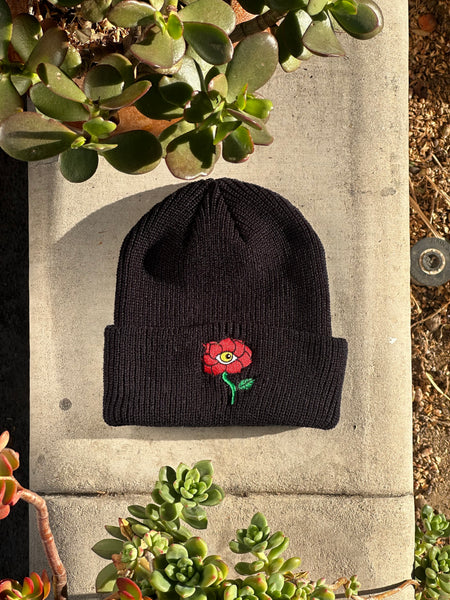 Swis Flower Waffle Knit Beanie (Black)