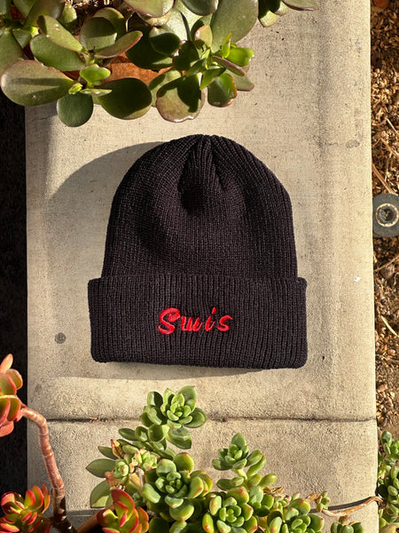 Swis Flower Waffle Knit Beanie (Black)