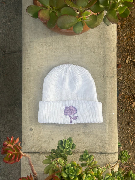 Swis Flower Waffle Knit Beanie (White/ Lavender)