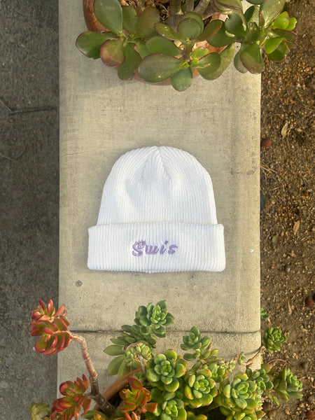 Swis Flower Waffle Knit Beanie (White/ Lavender)